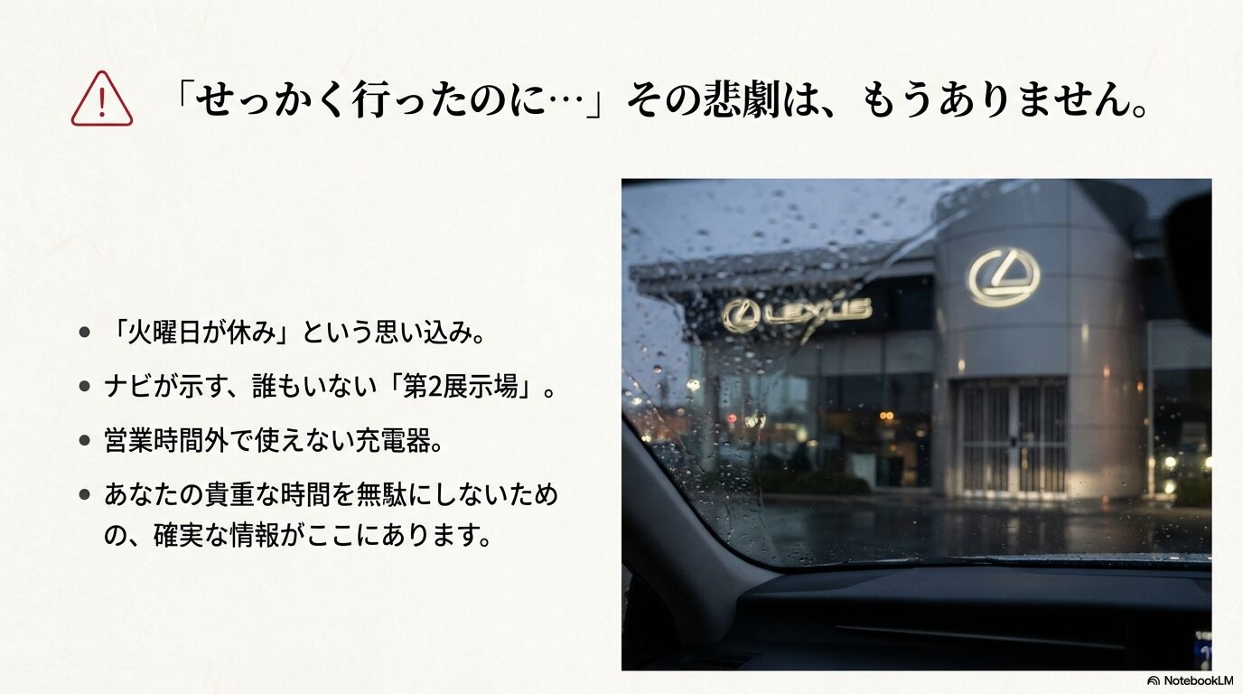 定休日、第2展示場、EV充電器に関する注意点のまとめスライド
