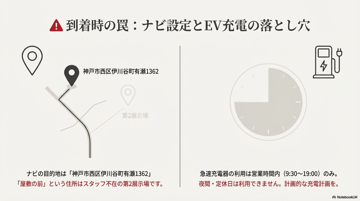 正しい目的地住所(有瀬1362)と急速充電器の利用時間(9:30-19:00)の解説画像