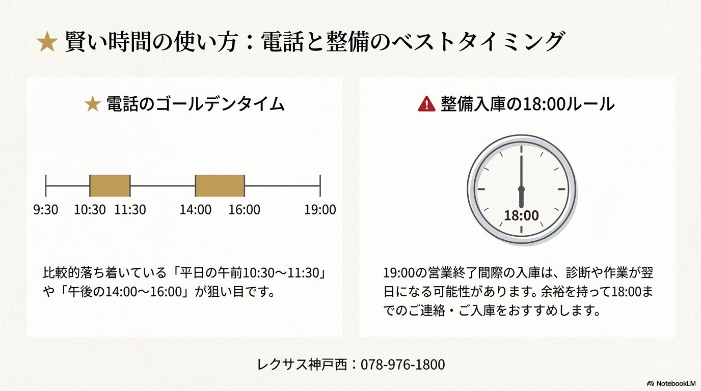電話が繋がりやすい時間帯と、18時までの入庫を推奨するタイムライン図