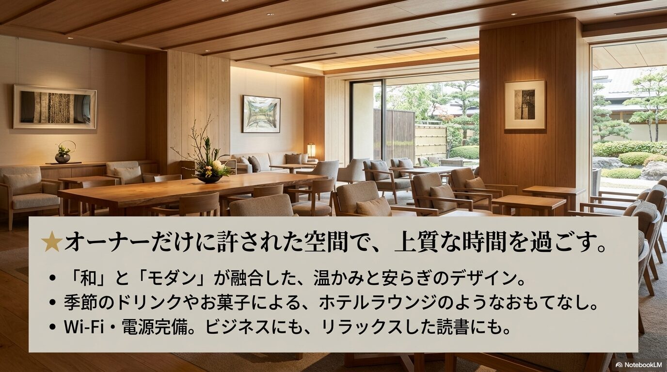 和モダンなデザイン、ドリンクサービス、Wi-Fi完備などのラウンジ紹介スライド