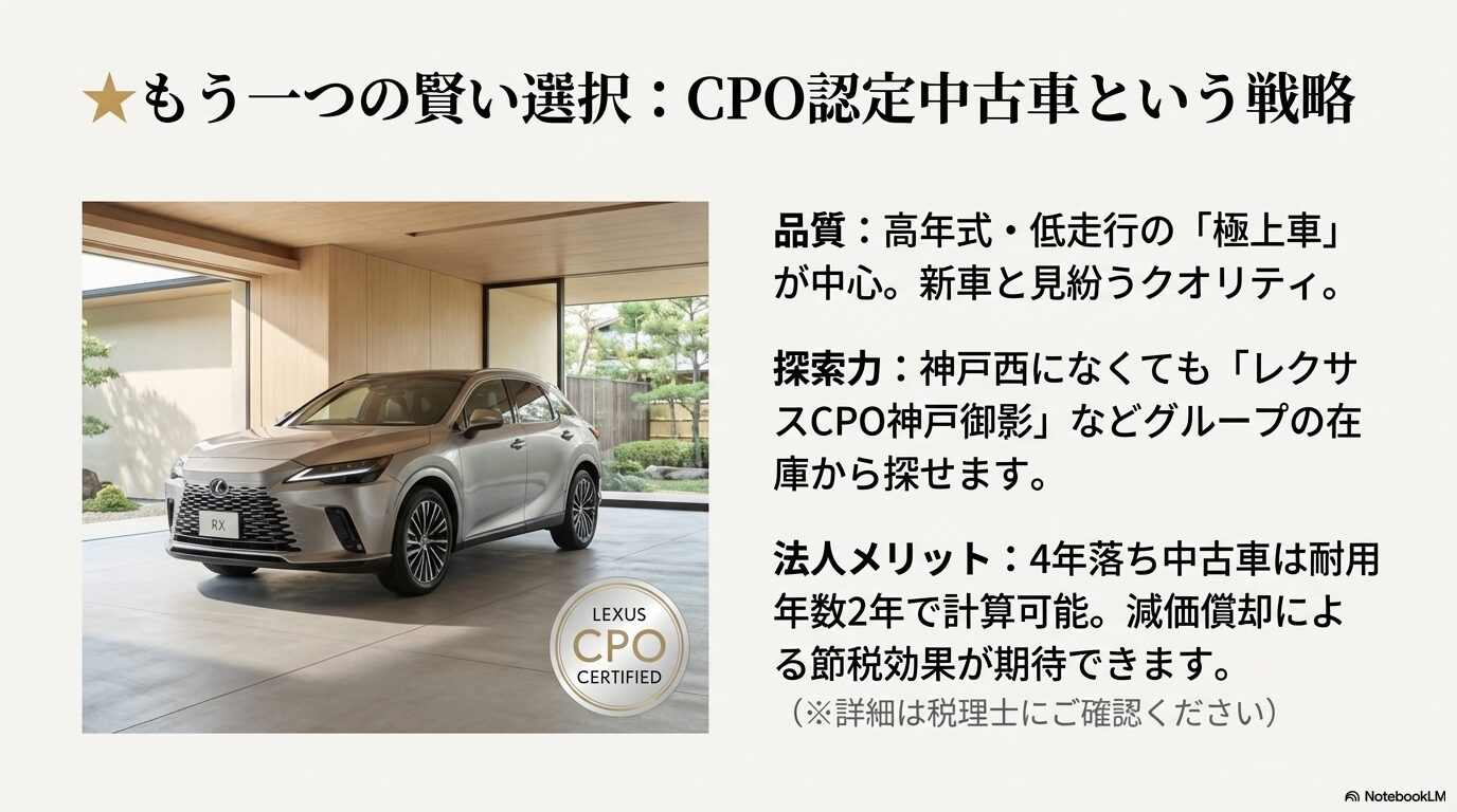 高年式・低走行車の品質、グループ在庫、4年落ち車両の減価償却メリットの解説