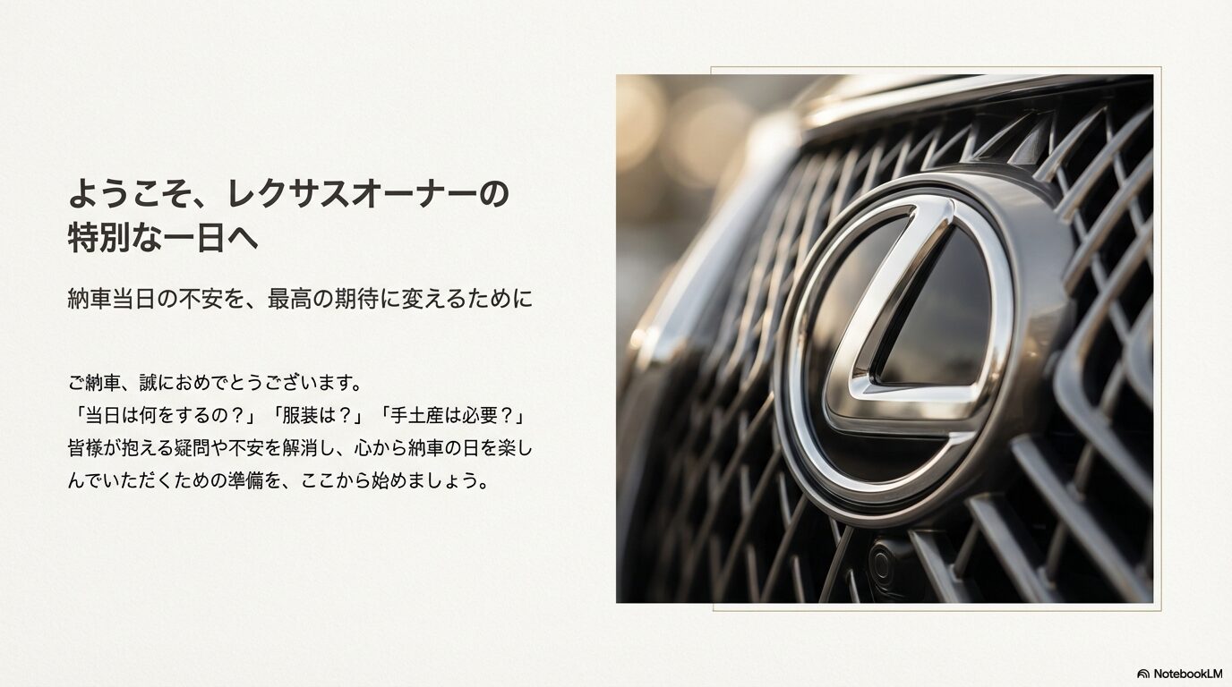レクサスのエンブレムと「ようこそ、レクサスオーナーの特別な一日へ」というメッセージが書かれたガイド表紙 。