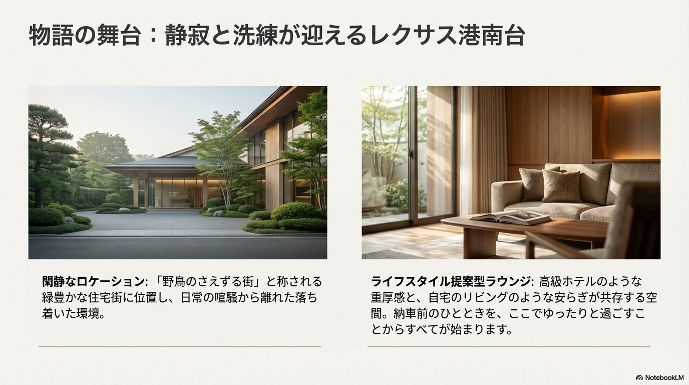 閑静な住宅街に佇むレクサス港南台の外観と、高級ホテルのような重厚感あるオーナーズラウンジの内装 。