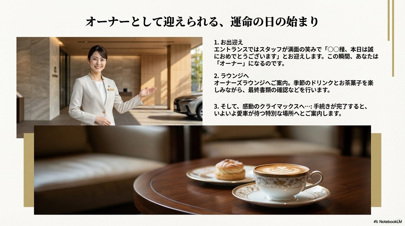 納車当日のスタッフによるお出迎えから、オーナーズラウンジでの最終書類確認までの流れ 。