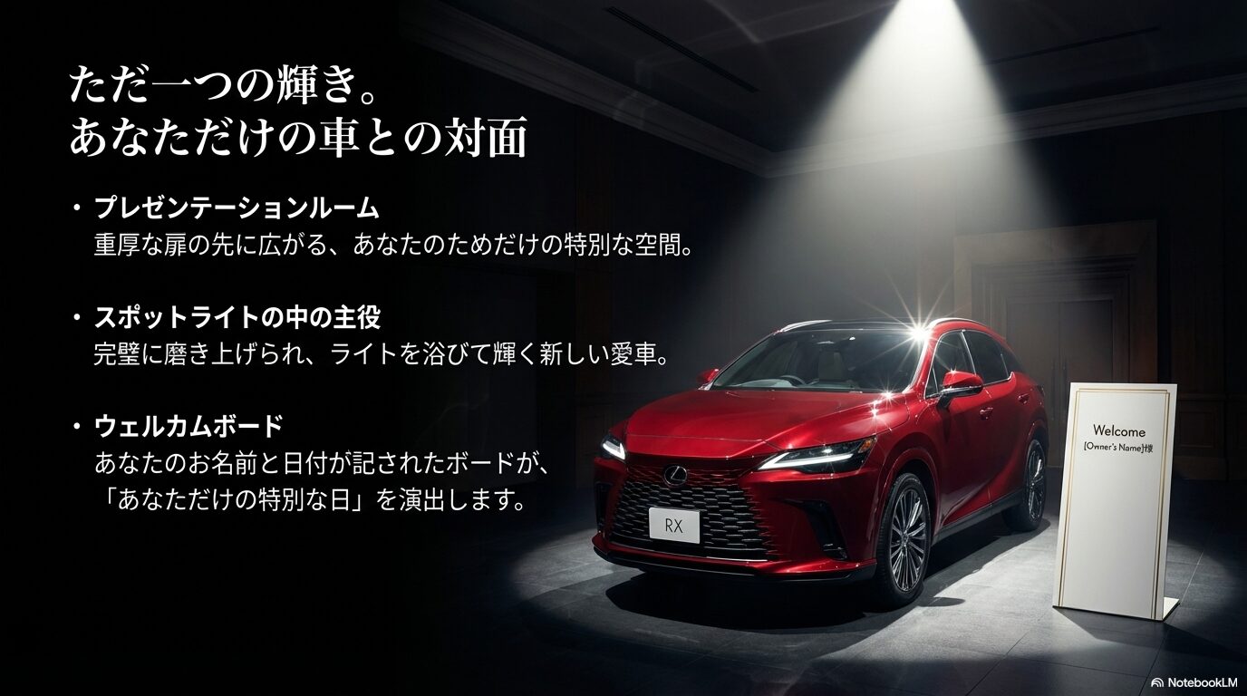プレゼンテーションルームでスポットライトを浴びるレクサス車と、オーナーの名前が入ったウェルカムボード 。