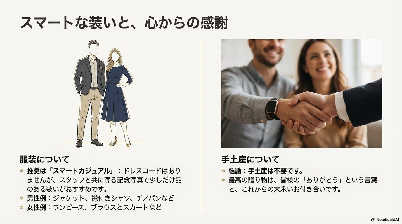 レクサス納車式に適したスマートカジュアルな服装の男女イラスト（ジャケット着用やワンピースなど）