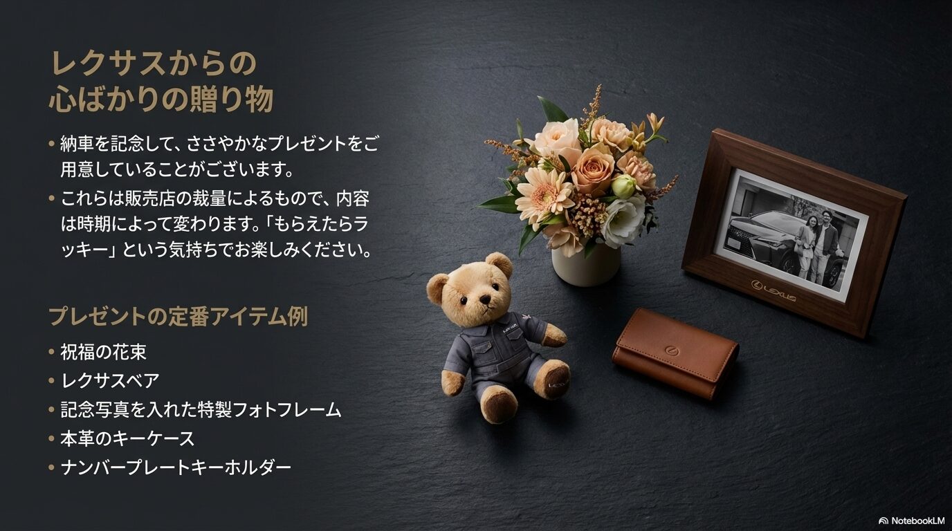レクサス納車式で渡されることのあるプレゼント例（花束、レクサスベア、フォトフレーム、キーケースなど）のリスト 。