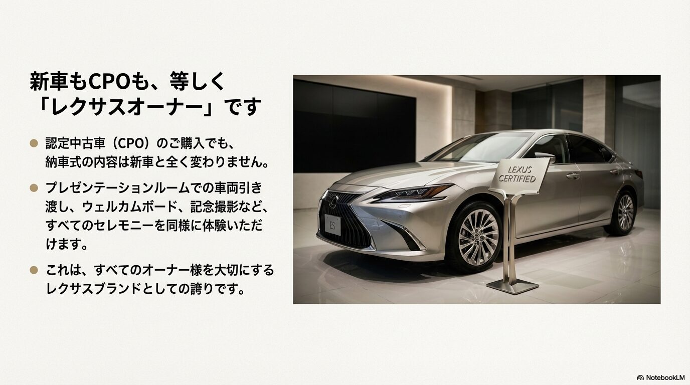 レクサス認定中古車(CPO)の車両イメージ。新車と同様の納車式や保証が適用されることを説明 。