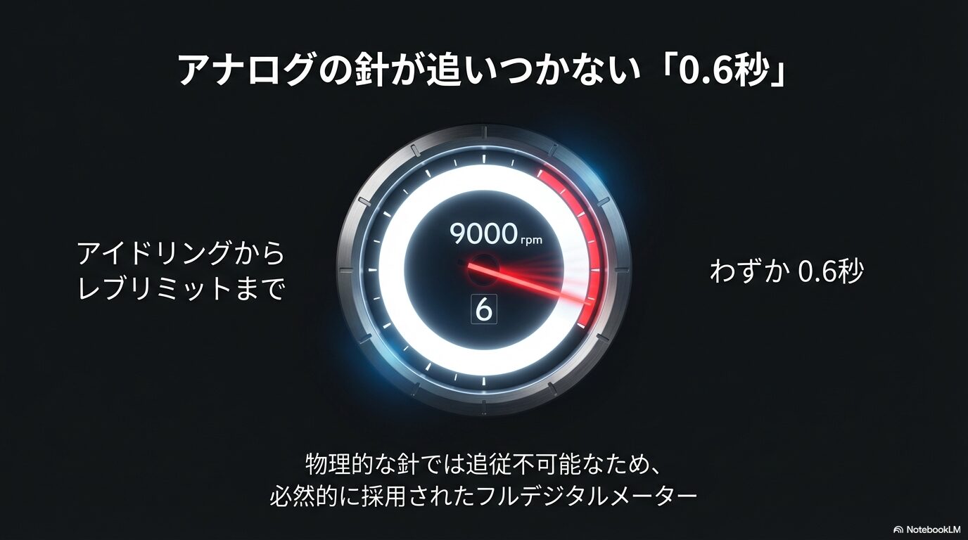 アイドリングからレブリミットまでわずか0.6秒。物理的な針では追従不可能なため採用されたLFAのフルデジタルメーター