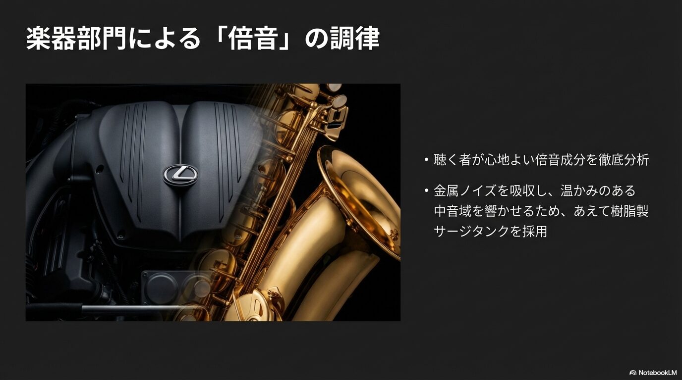 ヤマハの楽器部門が徹底分析した心地よい倍音。温かみのある中音域を響かせるための樹脂製サージタンクの採用