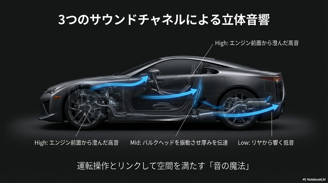 エンジンからの高音・中音・低音をそれぞれ車内に導き、空間を満たすレクサスLFAの3つのサウンドチャネル構造
