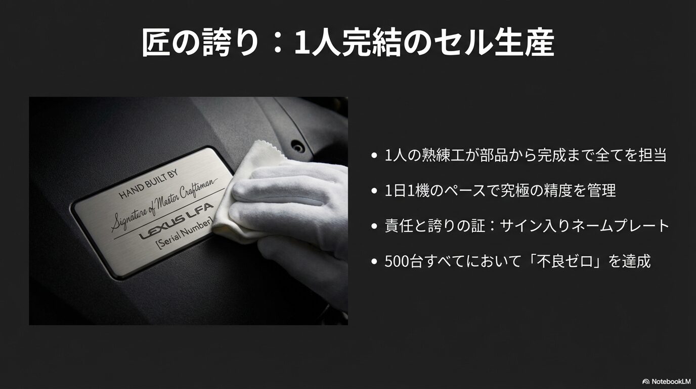 1人の熟練工が部品から完成まで全てを担当し、究極の精度を管理したLFAエンジンのサイン入りネームプレート