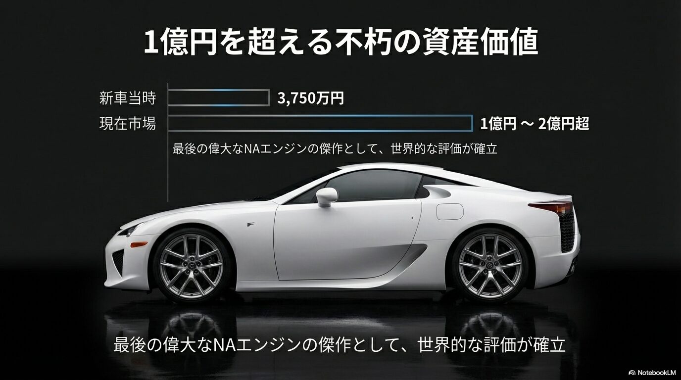 新車当時の3,750万円から現在市場では1億〜2億円超へと高騰した、最後の偉大なNAエンジン傑作LFAの市場価値