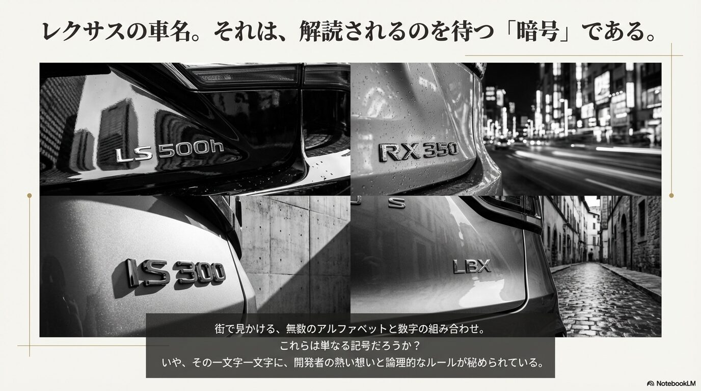 レクサスのLS、RX、IS、LBXのエンブレム画像とともに、車名が開発者の想いと論理的なルールで構成されていることを示すスライド。
