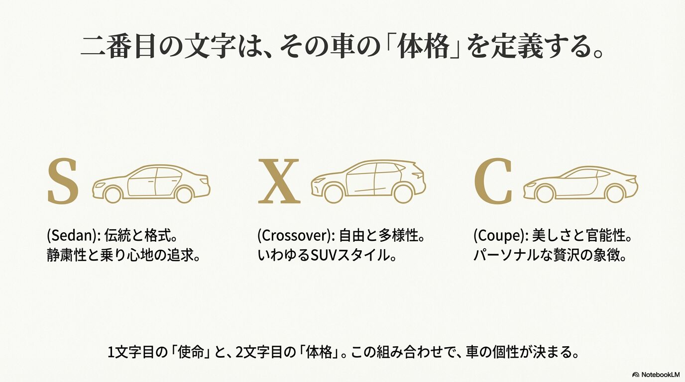 SがSedan(伝統と格式)、XがCrossover(SUV)、CがCoupe(美しさと官能性)を意味し、使命と体格の組み合わせで個性が決まることを説明するスライド。