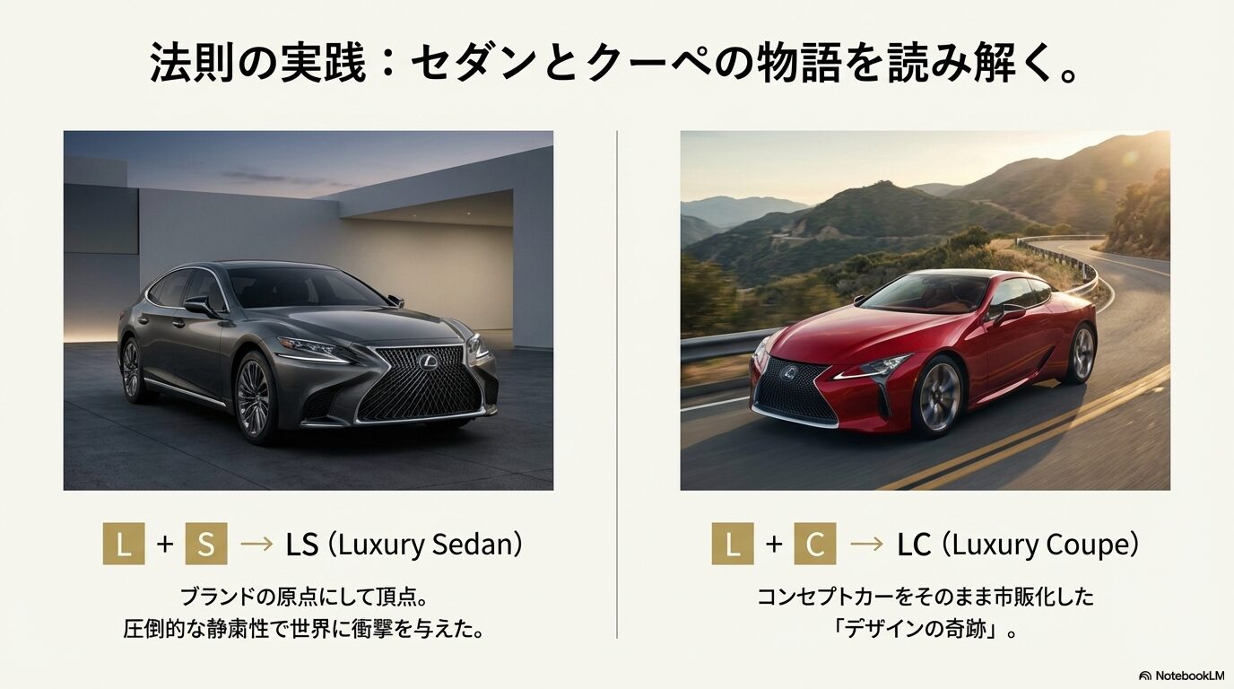 ラグジュアリーセダンのLSとラグジュアリークーペのLCを紹介し、ブランドの原点とデザインの奇跡を解説するスライド。
