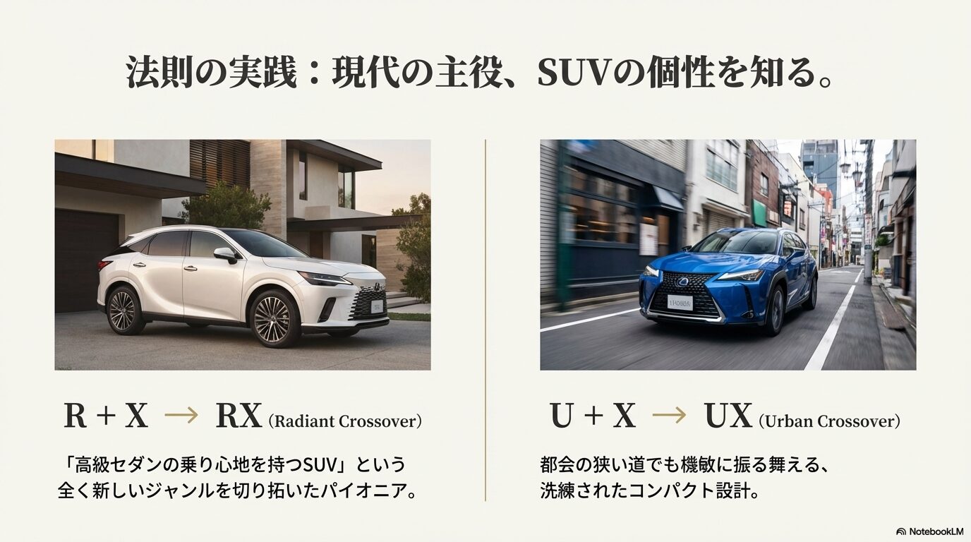 SUVのパイオニアであるRX(Radiant Crossover)と都会派のUX(Urban Crossover)のコンセプトを比較解説するスライド。