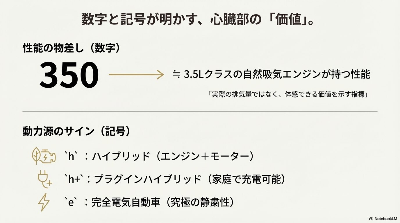 3桁の数字が体感できる性能の価値(性能の物差し)を、末尾のhやeなどの記号が動力源のサインであることを解説するスライド。