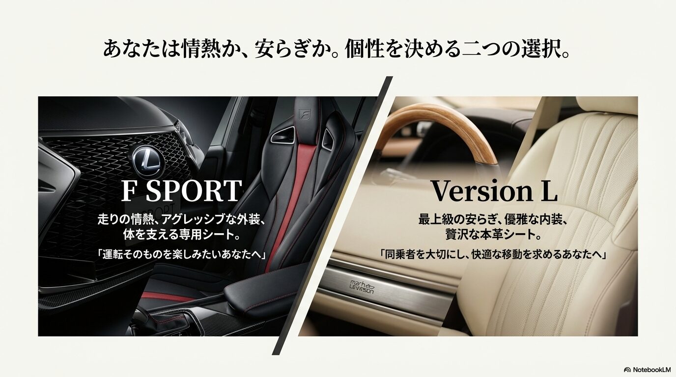 走りの情熱を追求するF SPORTと、最上級の安らぎを提供するVersion Lの違いを対比させたグレード選びのスライド。