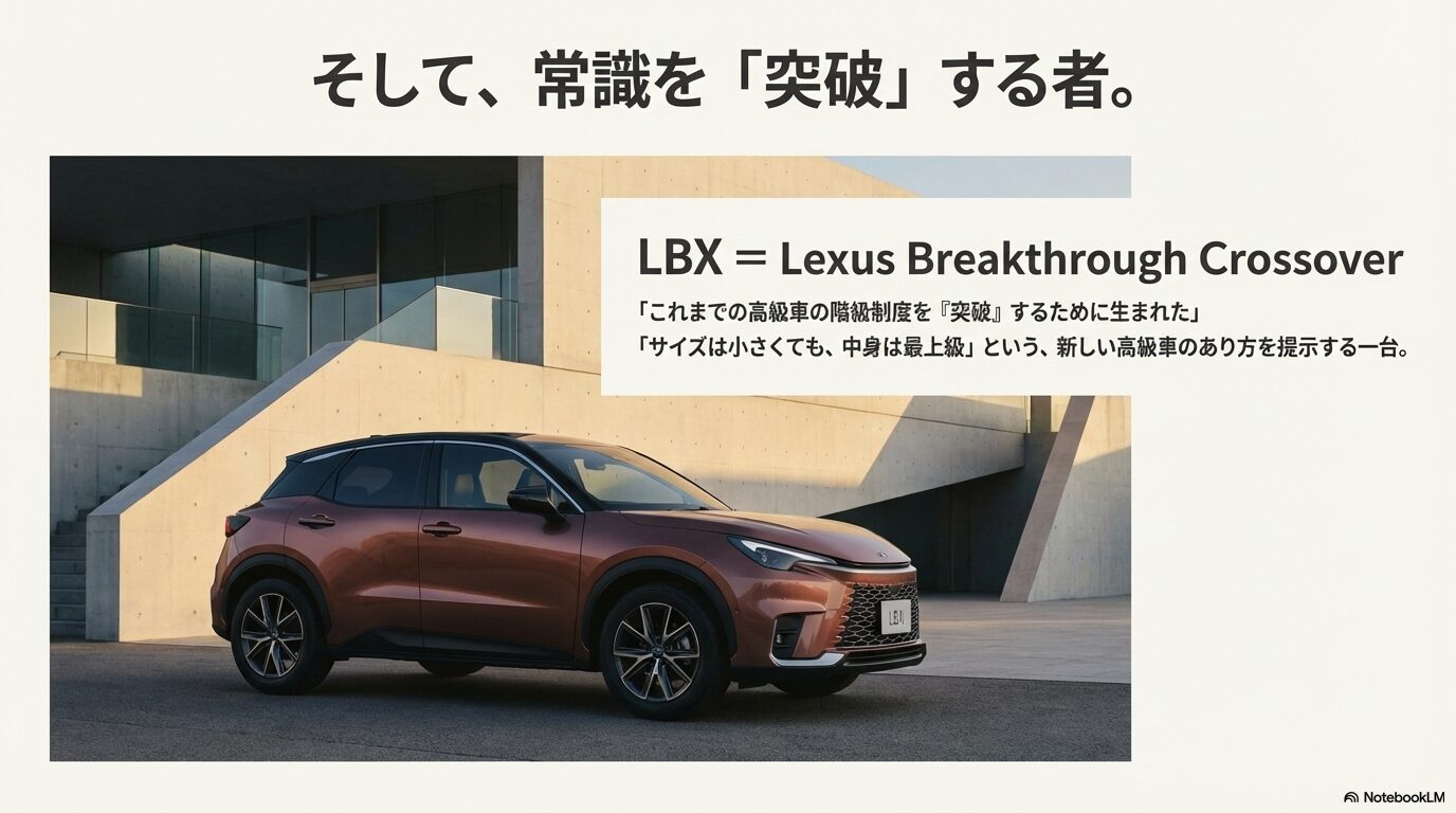 LBX(Lexus Breakthrough Crossover)がこれまでの階級制度を突破し、サイズは小さくても中身は最上級であることを提示するスライド。