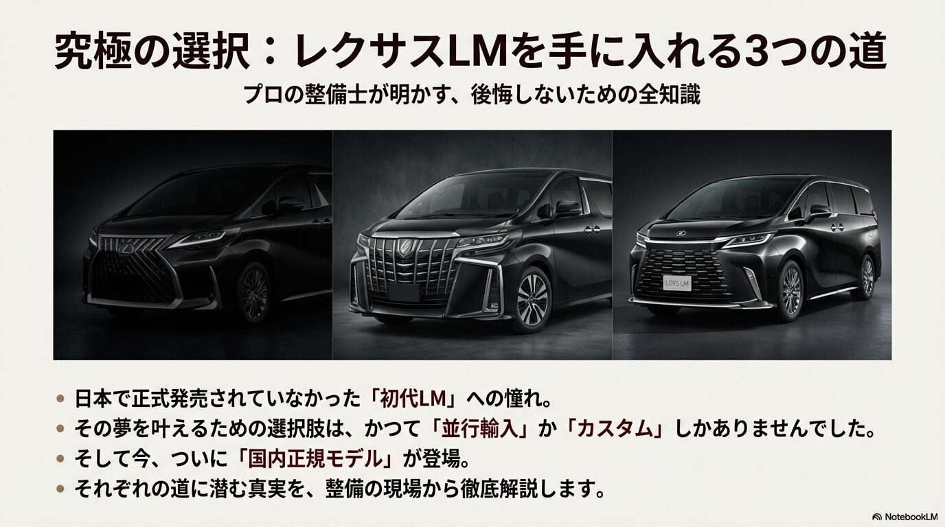 レクサスLMの入手方法として並行輸入、カスタム、国内正規モデルの3つのルートを比較するスライド資料