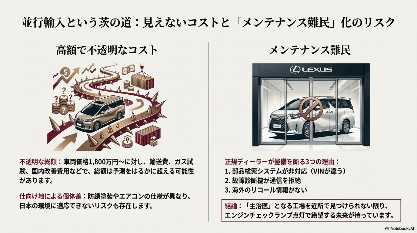 自動車の並行輸入における不透明なコストと、正規ディーラーが整備を断る理由（部品検索・診断機・リコール対応）の解説