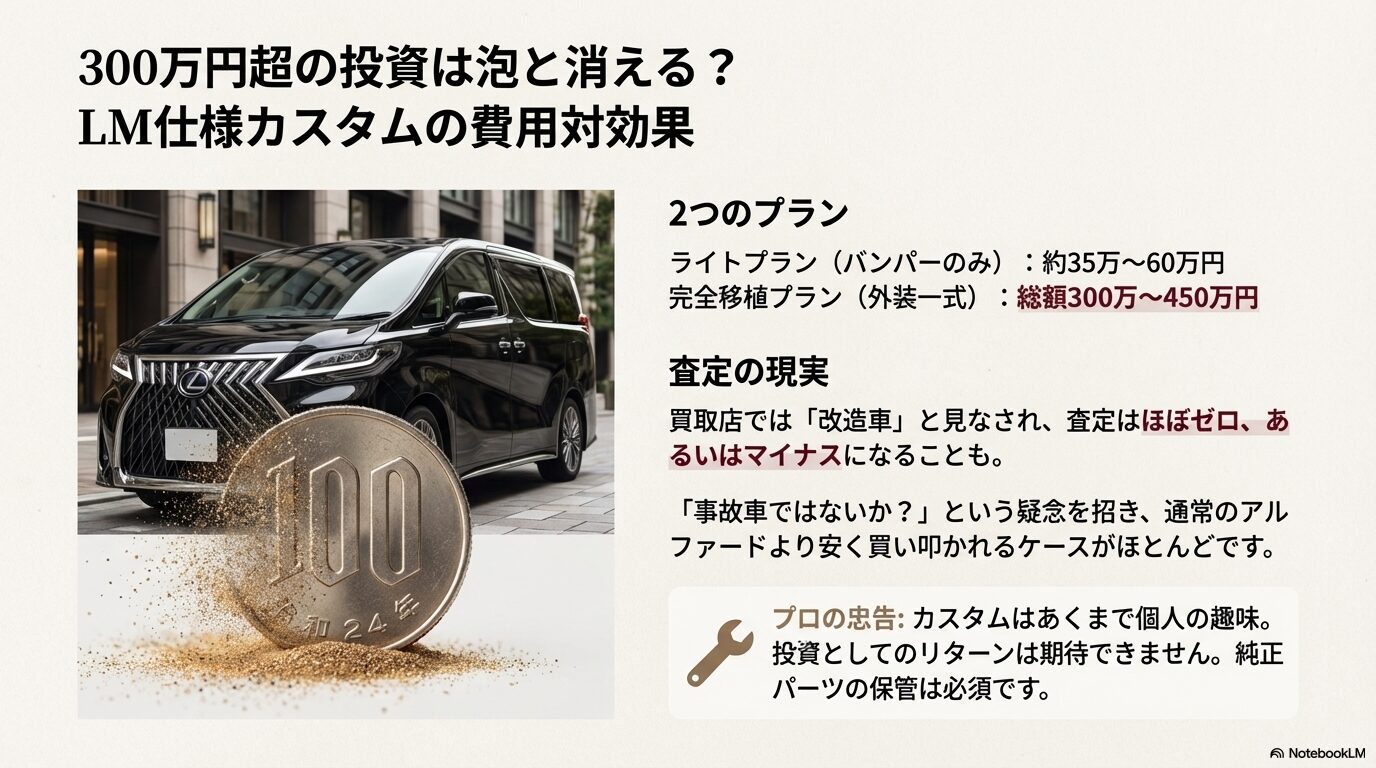 アルファードのLM仕様カスタムにおける2つのプラン費用相場と、売却時に改造車として査定が下がるリスクの警告