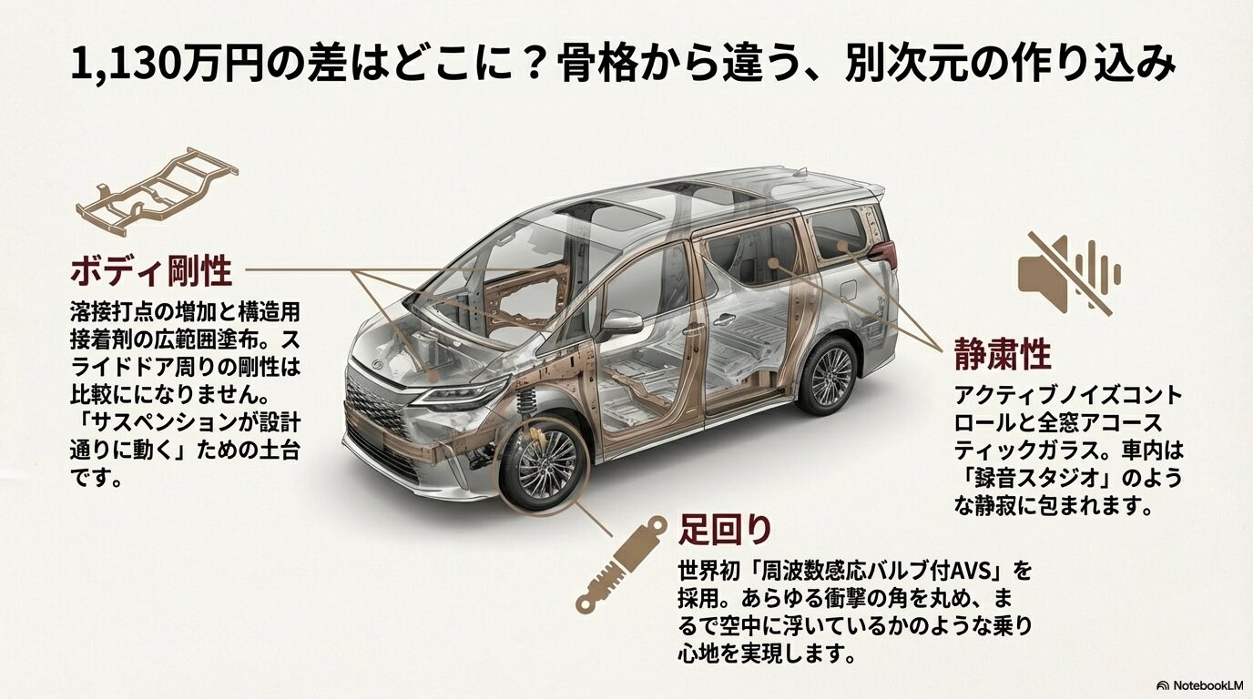 レクサスLMのボディ剛性（溶接・接着剤）、静粛性、世界初採用の周波数感応バルブ付AVSによる乗り心地の進化
