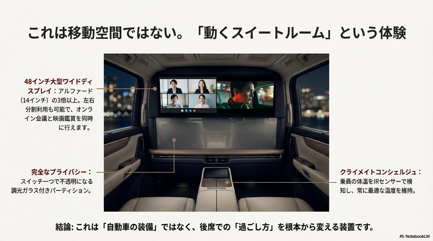 レクサスLMの後席装備、48インチ大型ワイドディスプレイと完全なプライバシーを確保する調光ガラスパーティション