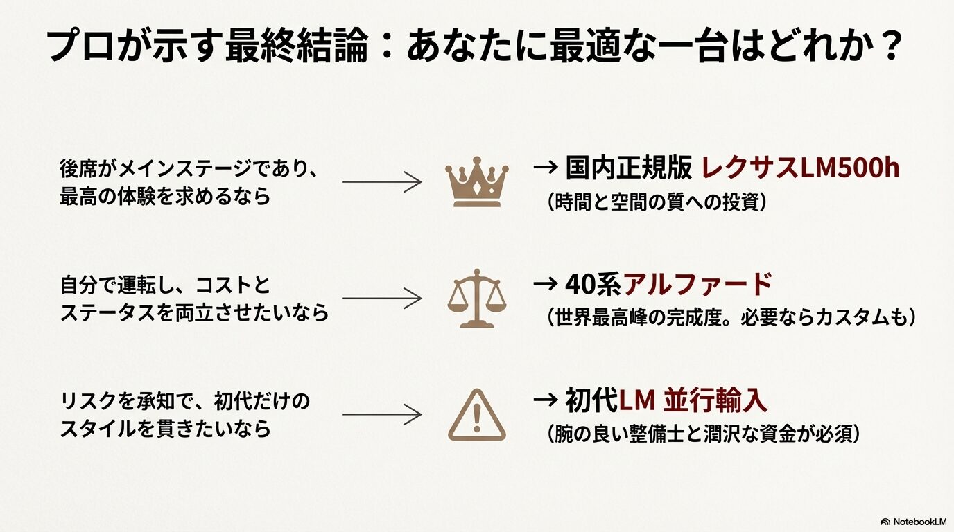 後席重視・運転重視・スタイル重視の3パターンから選ぶ、レクサスLMとアルファードの購入ガイド結論