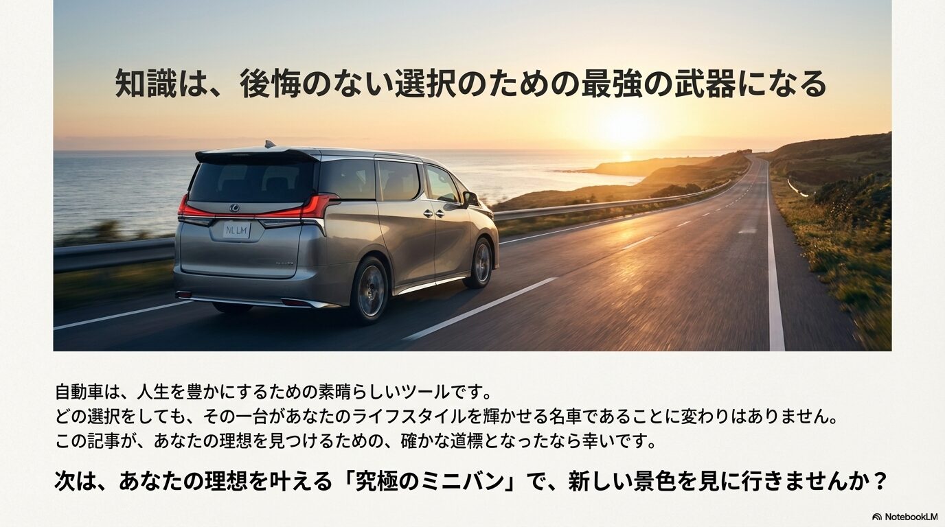海沿いを走るレクサスLMの後ろ姿と、後悔のない選択をしてライフスタイルを輝かせるためのメッセージ