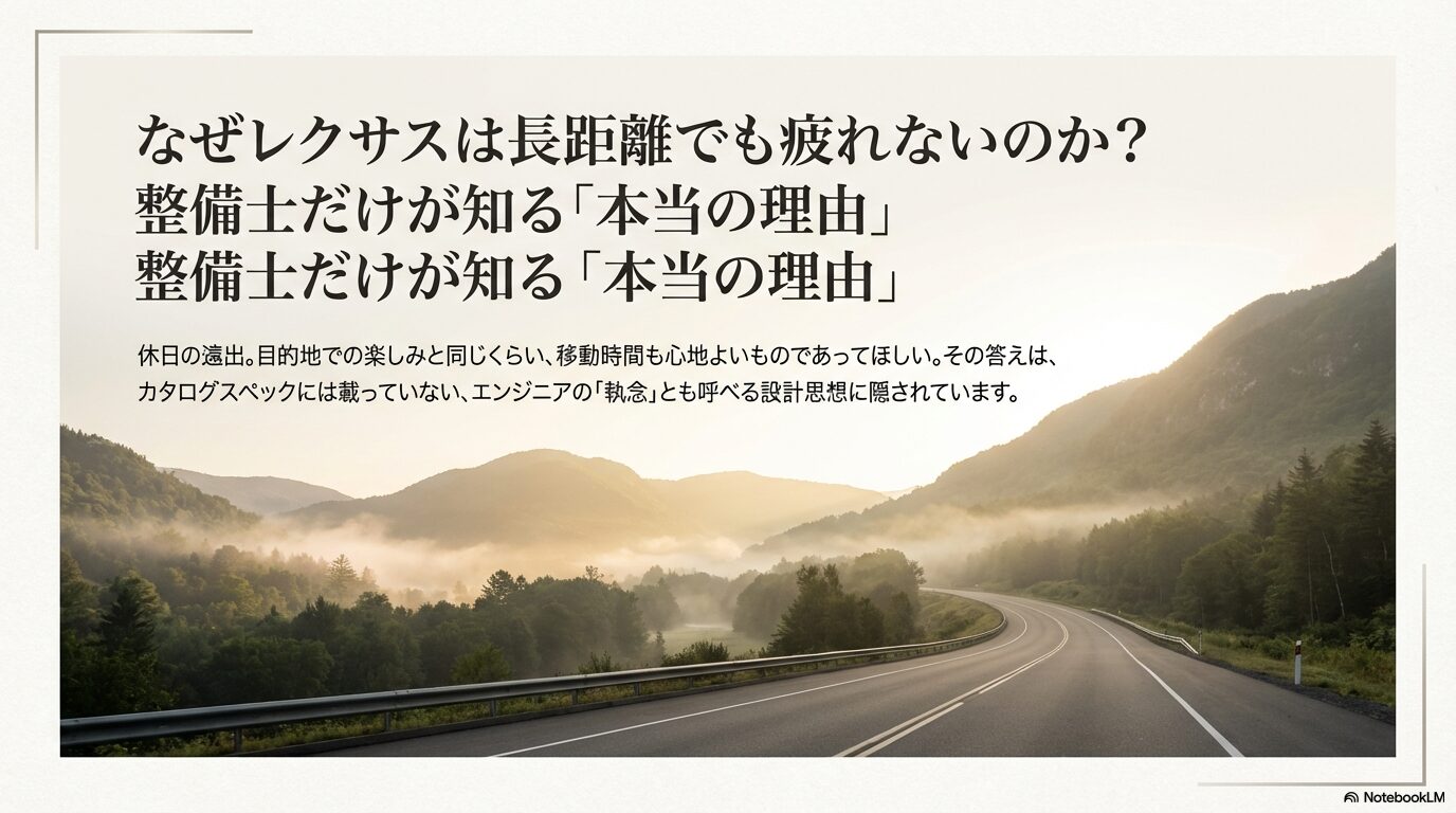 レクサスの長距離走行でも疲れない理由を整備士の視点で解説するスライド。