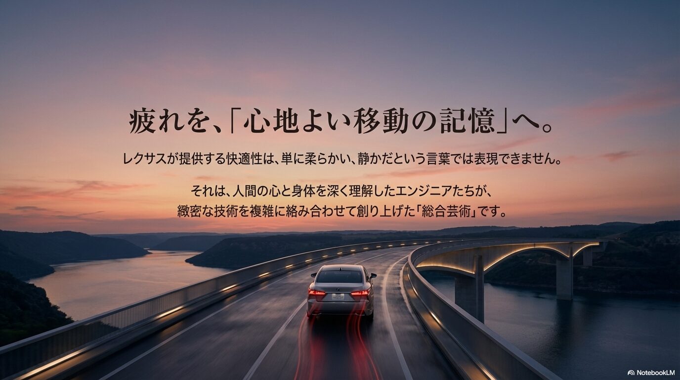 レクサスの提供する快適性はエンジニアが創り上げた総合芸術であるというまとめのメッセージ。