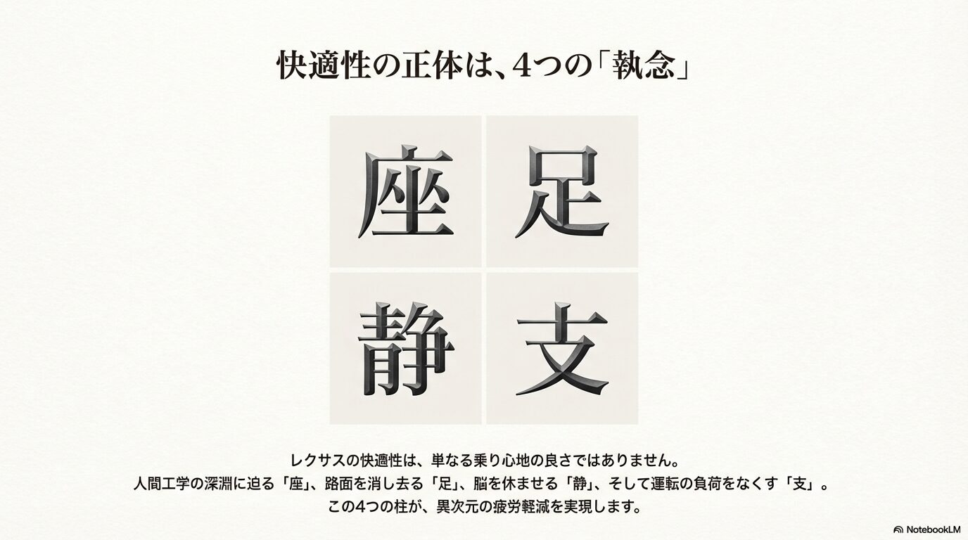 レクサスの快適性を構成する4つの要素「座（人間工学）」「足（サスペンション）」「静（静粛性）」「支（運転支援）」の紹介スライド。