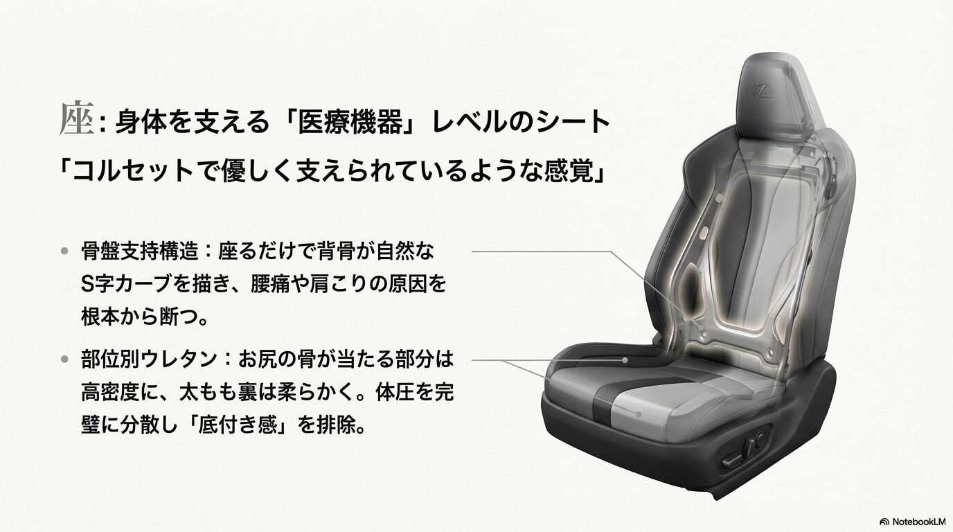 レクサスのシートの骨盤支持構造と部位別ウレタンの解説。背骨のS字カーブ維持と体圧分散による疲労軽減の仕組み。