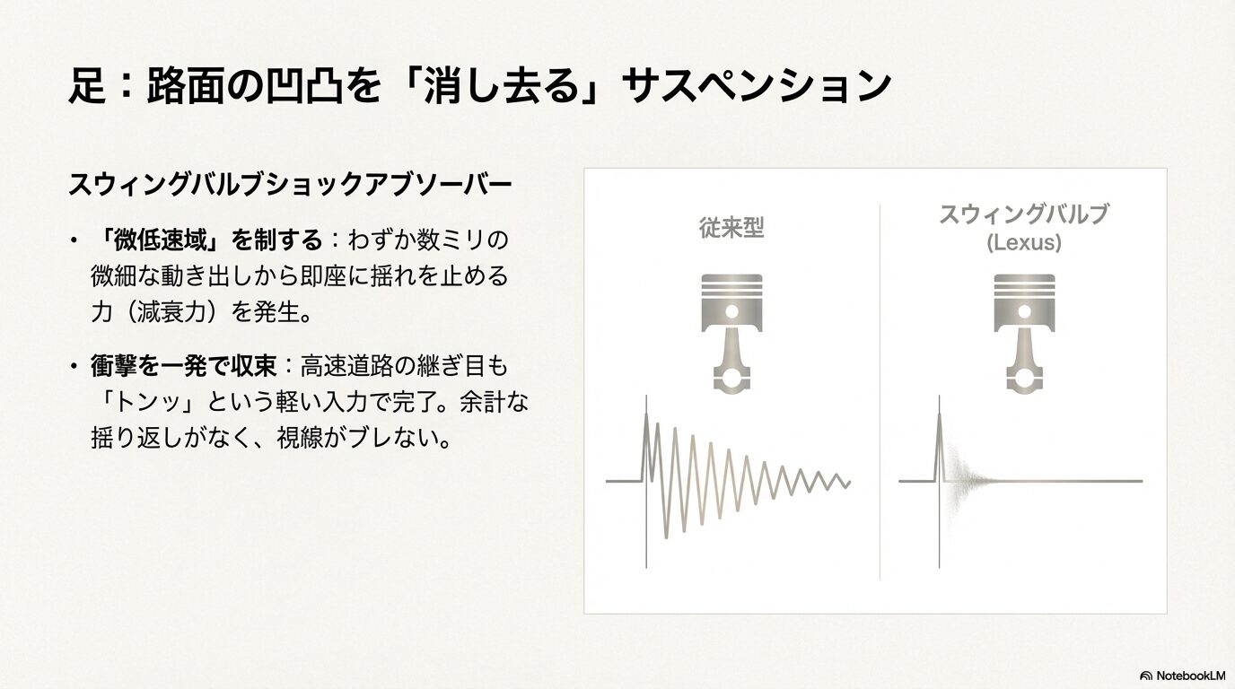 従来型とレクサスのスウィングバルブショックアブソーバーの比較図。微低速域から減衰力を発生させ、揺れを素早く止める仕組み。