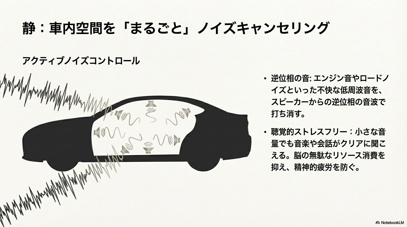 アクティブノイズコントロールのイメージ図。スピーカーからの逆位相の音波でエンジン音やロードノイズを打ち消す仕組み。