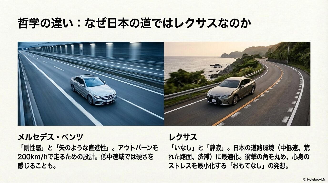 メルセデスの高速域重視の設計と、レクサスの日本の道路環境に最適化した「いなし」と「静寂」の哲学の比較。