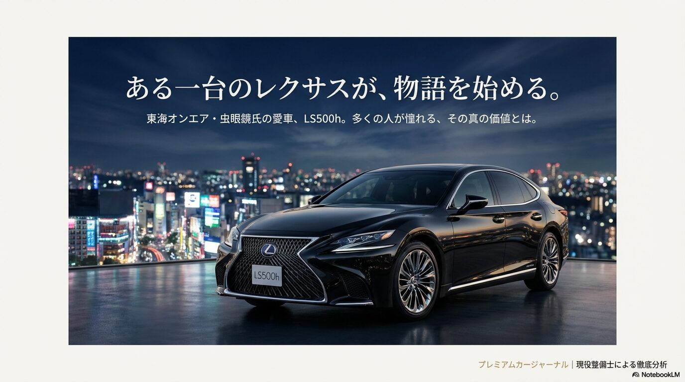 レクサスLS500hの夜景をバックにした画像と、東海オンエア虫眼鏡氏の愛車LS500hの価値を現役整備士が分析するスライド表紙