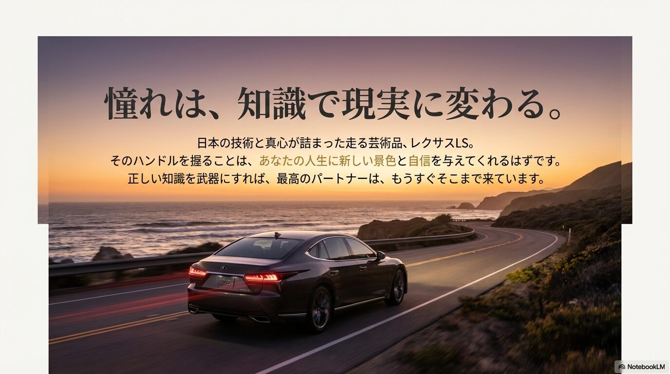 「憧れは知識で現実に変わる」というメッセージと共に、レクサスLSのハンドルを握ることで人生に新しい景色と自信を与えることを伝える結びのスライド