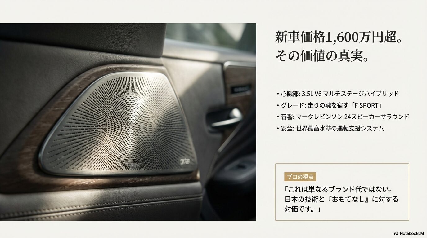 3.5L V6マルチステージハイブリッド、マークレビンソン24スピーカー、世界最高水準の運転支援システムなど、レクサスLS500hの豪華スペックをまとめたスライド