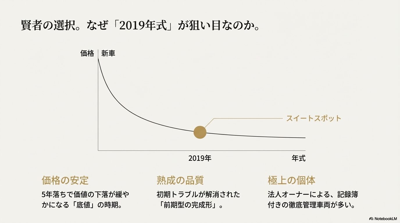 レクサスLSの2019年式が底値であり、法人オーナーによる管理車両が多い「前期型の完成形」であることを示すグラフと解説スライド