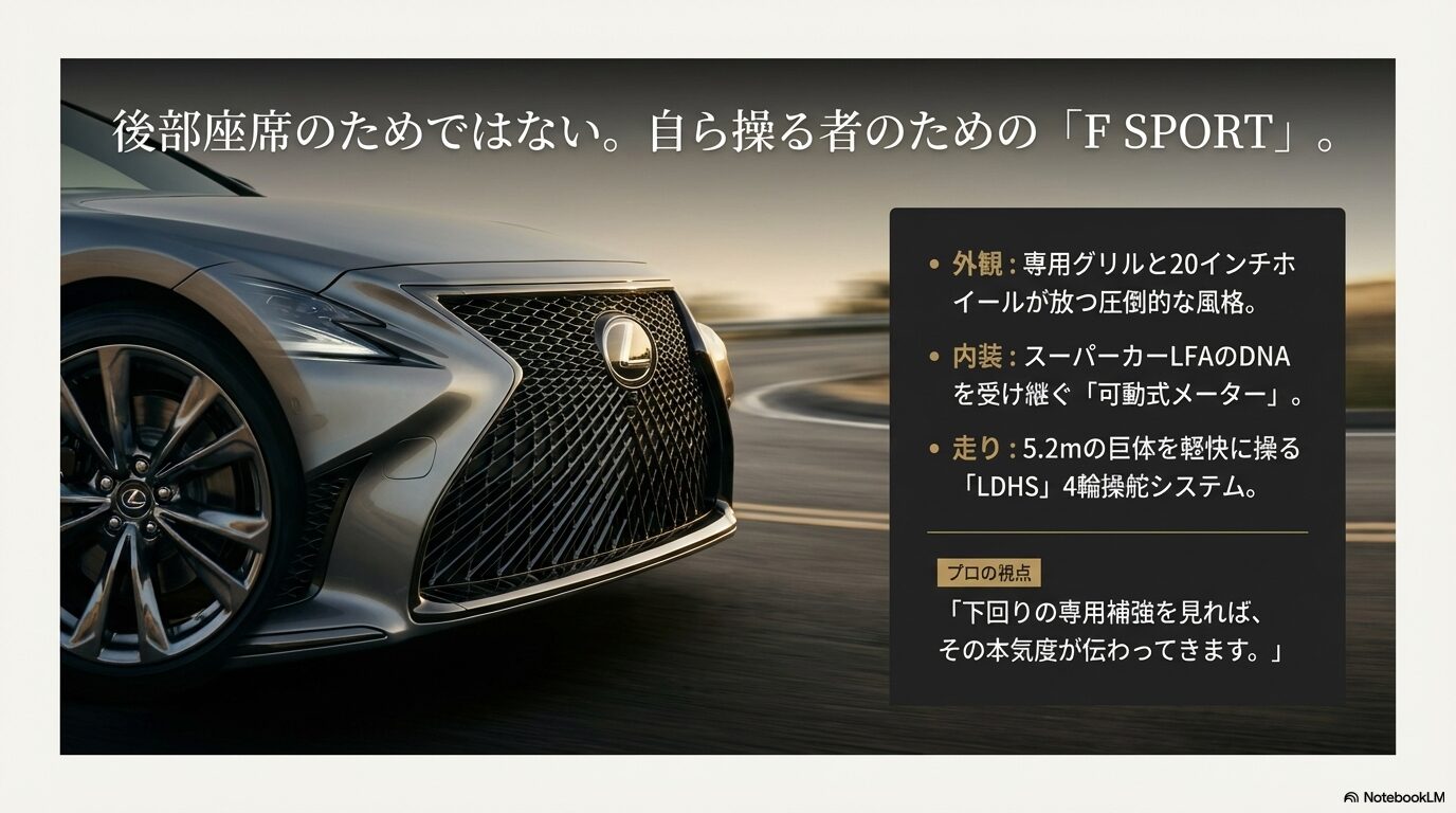 レクサスLS F SPORTの専用グリル、20インチホイール、LFA継承の可動式メーター、LDHS4輪操舵システムを解説するスライド