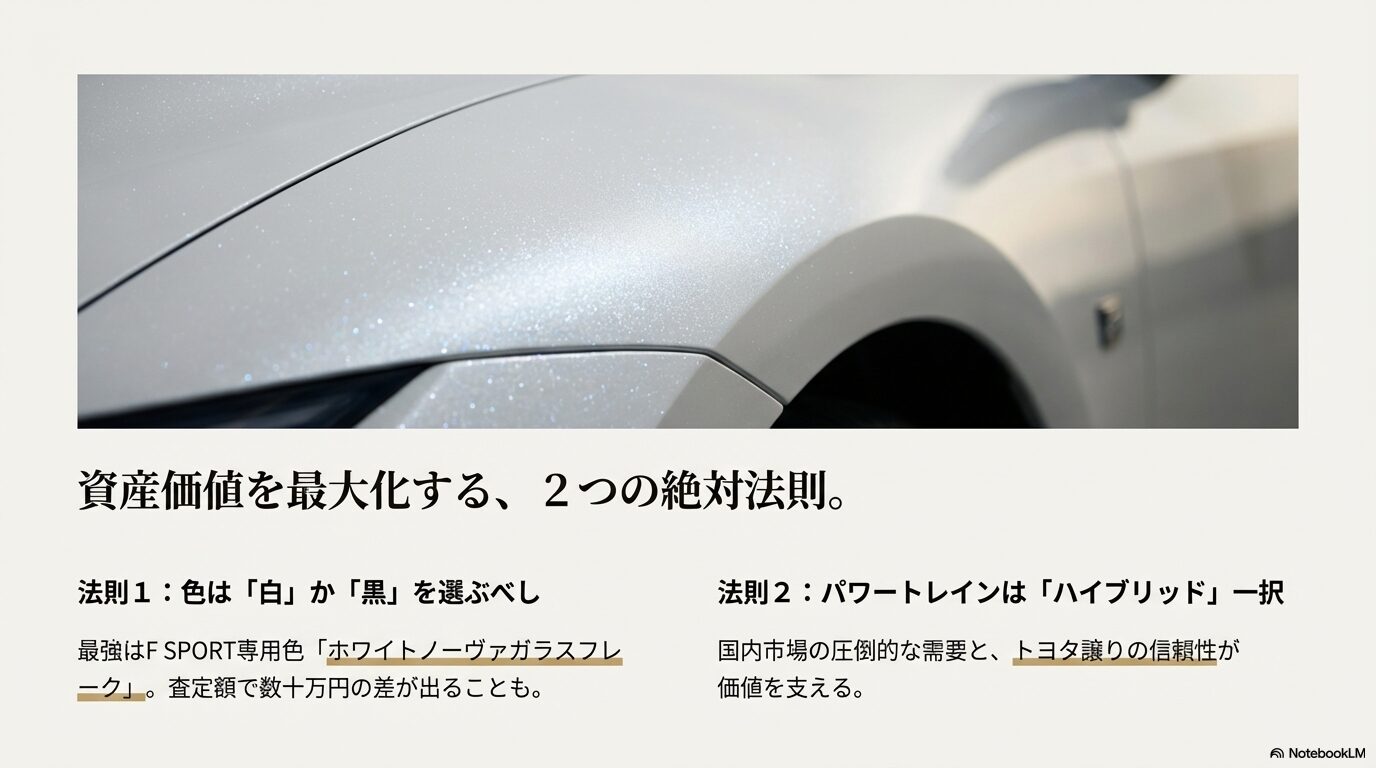 レクサスLSの査定額を上げるためにホワイトノーヴァガラスフレーク等の白・黒系カラーとハイブリッドモデルを選ぶべきという2つの絶対法則を解説したスライド