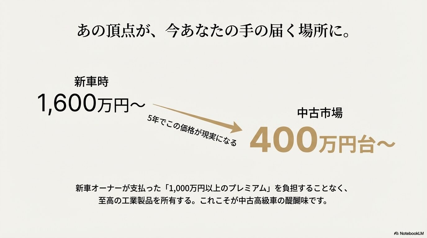 新車時1,600万円以上のレクサスLSが5年後の中古市場で400万円台から購入可能になる「1,000万円以上のプレミアム」の差を解説するスライド