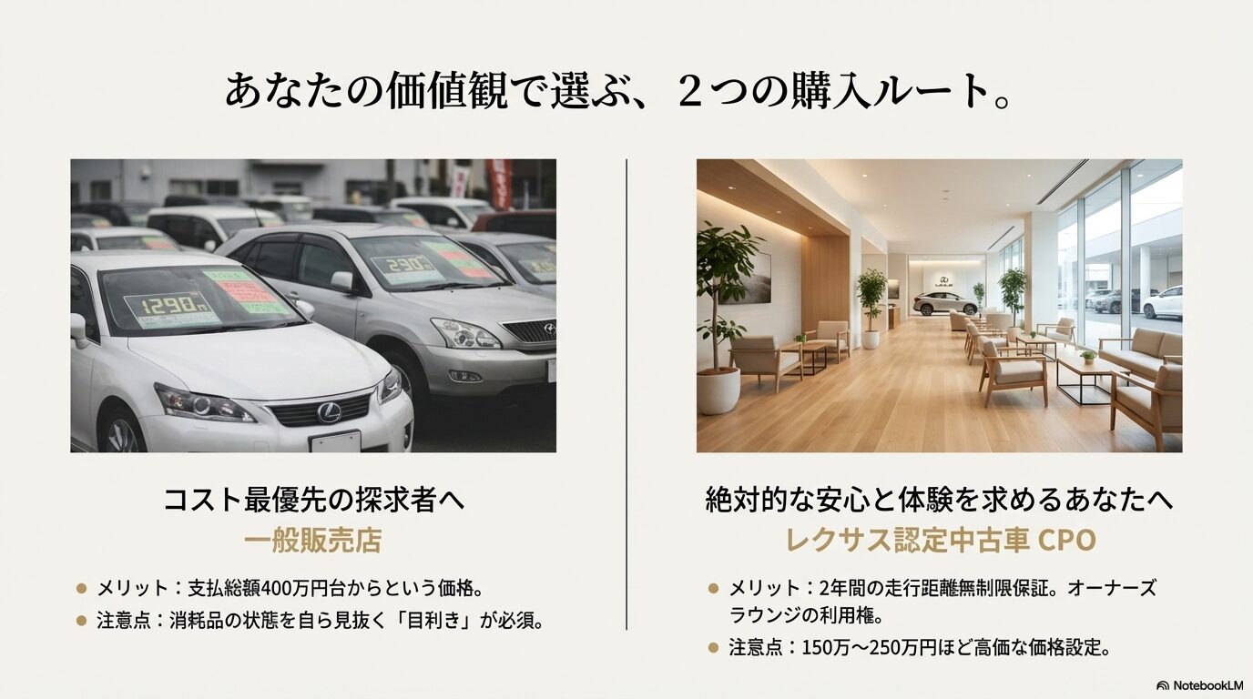 低価格な一般販売店と、保証・ラウンジ利用権があるレクサス認定中古車CPOのメリット・注意点を比較したスライド