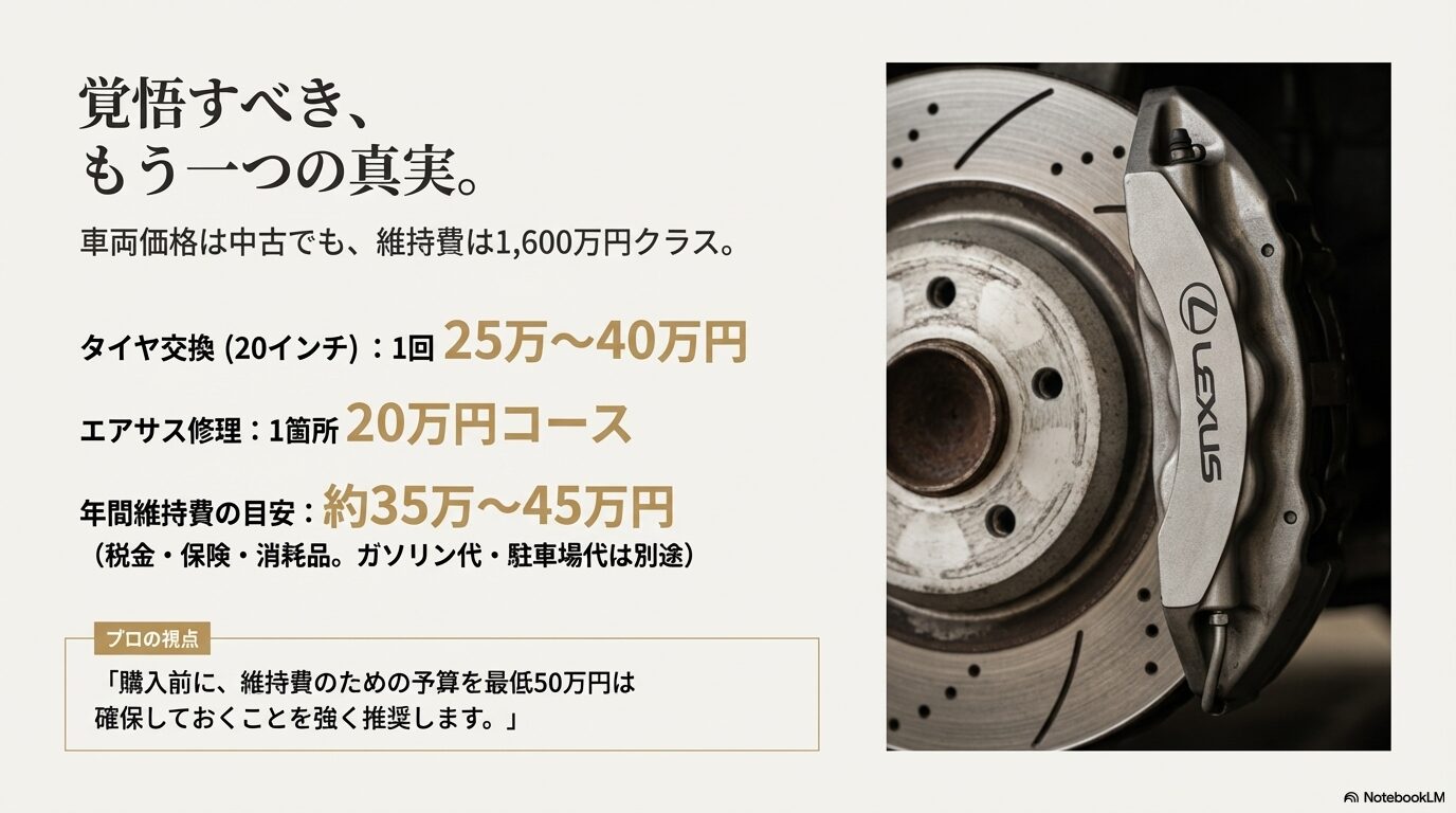 車両価格は中古でも維持費は1,600万円クラス。タイヤ交換25万〜40万円、エアサス修理1箇所20万円など、年間維持費の目安をまとめたスライド