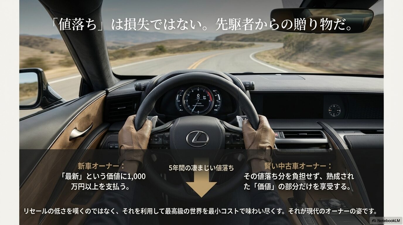 新車オーナーが支払った1,000万円以上の値落ち分を負担せず、熟成された価値だけを享受する中古高級車オーナーの醍醐味を解説するスライド