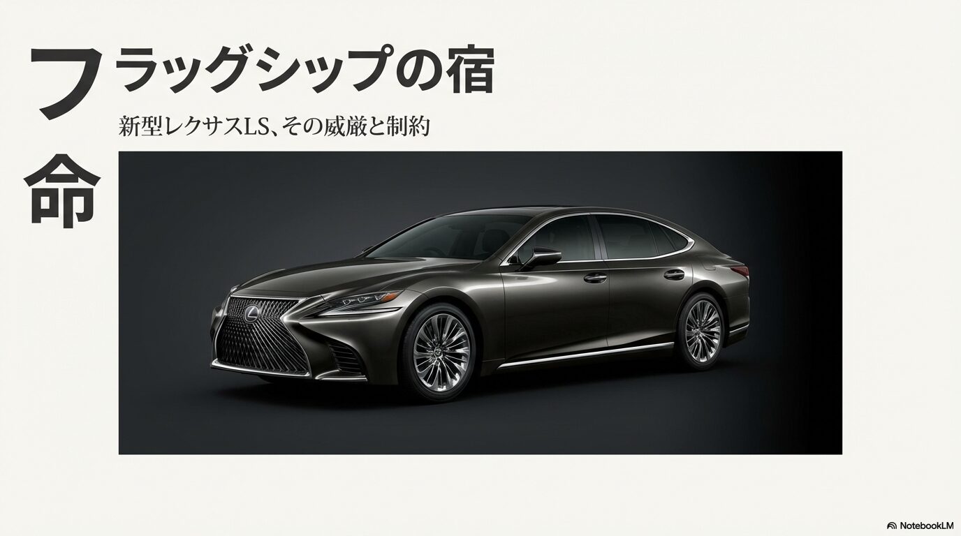 新型レクサスLSのフロントクォータービュー画像とフラッグシップの威厳と制約という文字