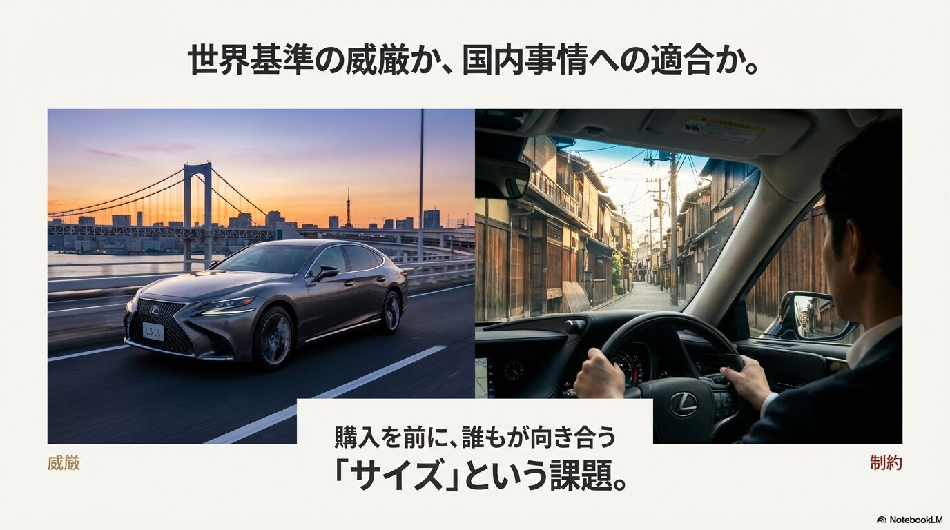都市部を走行するレクサスLSと運転席からの視界、サイズという課題に向き合う文字
